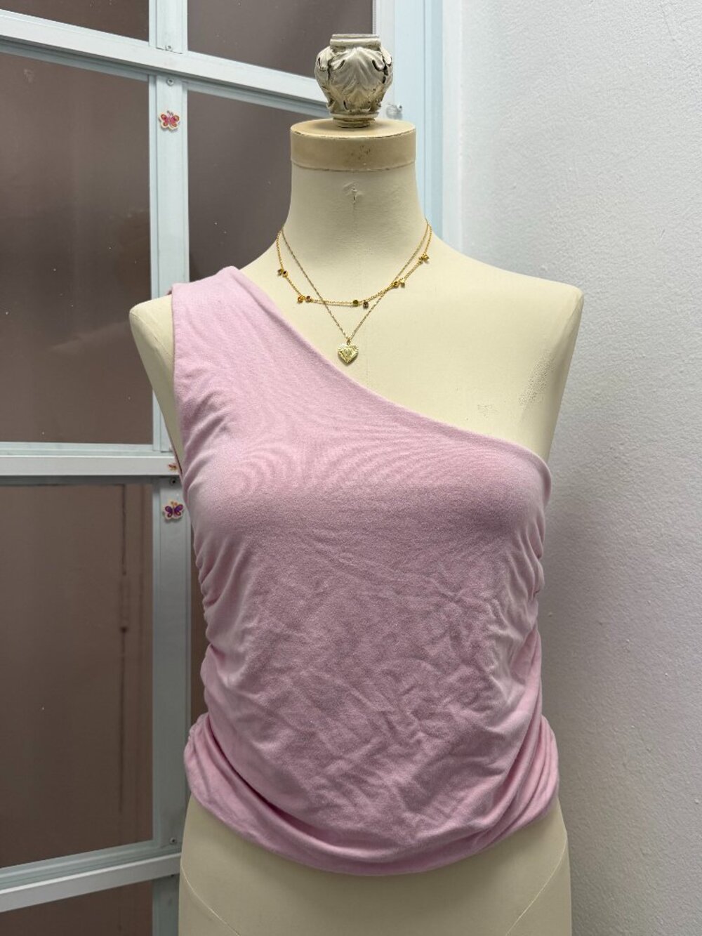 Pink One Shoulder Side Ruched Stretchy Tank Top Large